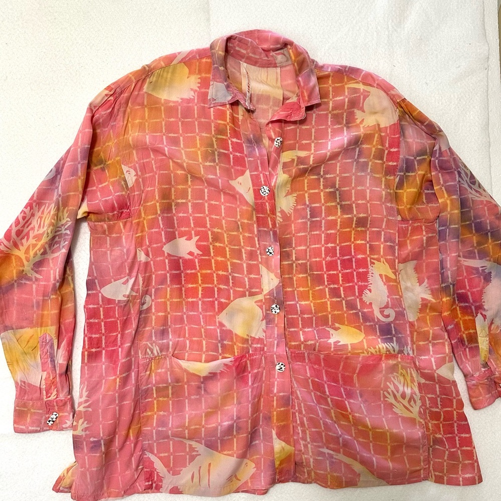 Paul M Ropp 70s VTG Oversized Batik Button Down Fish Tunic - Picture 7 of 15